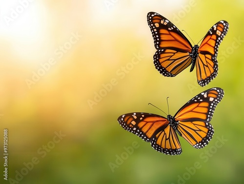 Monarch butterflies in flight above a meadow of wildflowers, bathed in warm, golden sunlight butterflies, wildlife, botanical meadow photo