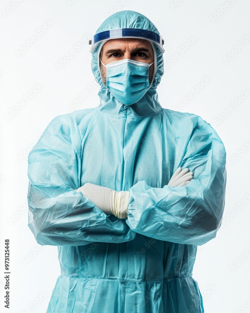 Serious Male Physician in Full Protective Gear on White Background - Midday, Determined Expression, Medical Professional Facing Crisis Serious Male Physician in Full Protective Gear on White Background - Midday, Determined Expression, Medical Professional Facing Crisis