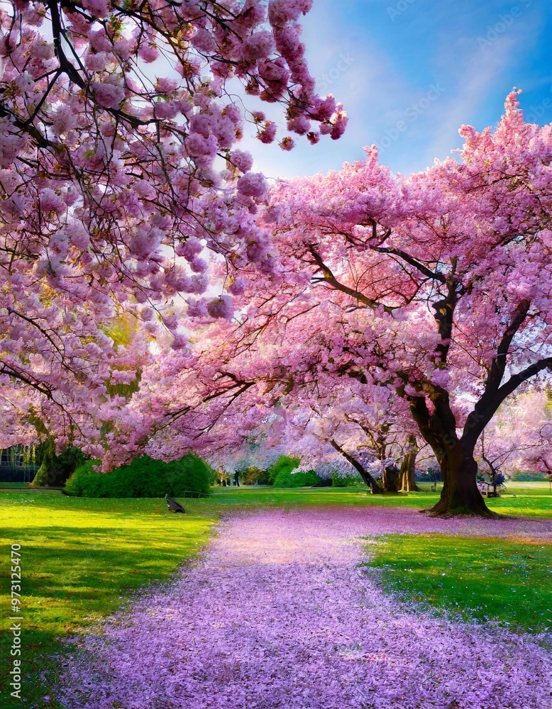 Obraz premium Lavish Cherry Blossom Trees in Full Bloom, Transforming Park into a Pink Wonderland