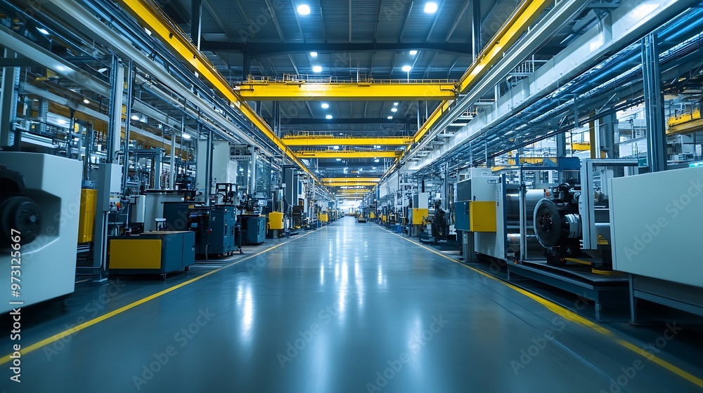 A bright, clean factory interior with modern machinery and production lines, showing sharp details and a well-lit environment A bright, clean factory interior with modern machinery and production lines, showing sharp details and a well-lit environment