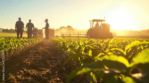 A group of farmers inspecting crops under the morning sun, with large agricultural equipment in the background.