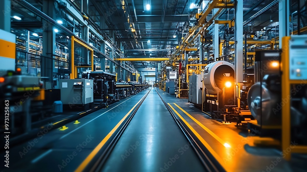 A factory interior featuring advanced production lines and safety signs, with excellent lighting and no dark areas, showing high clarity A factory interior featuring advanced production lines and safety signs, with excellent lighting and no dark areas, showing high clarity