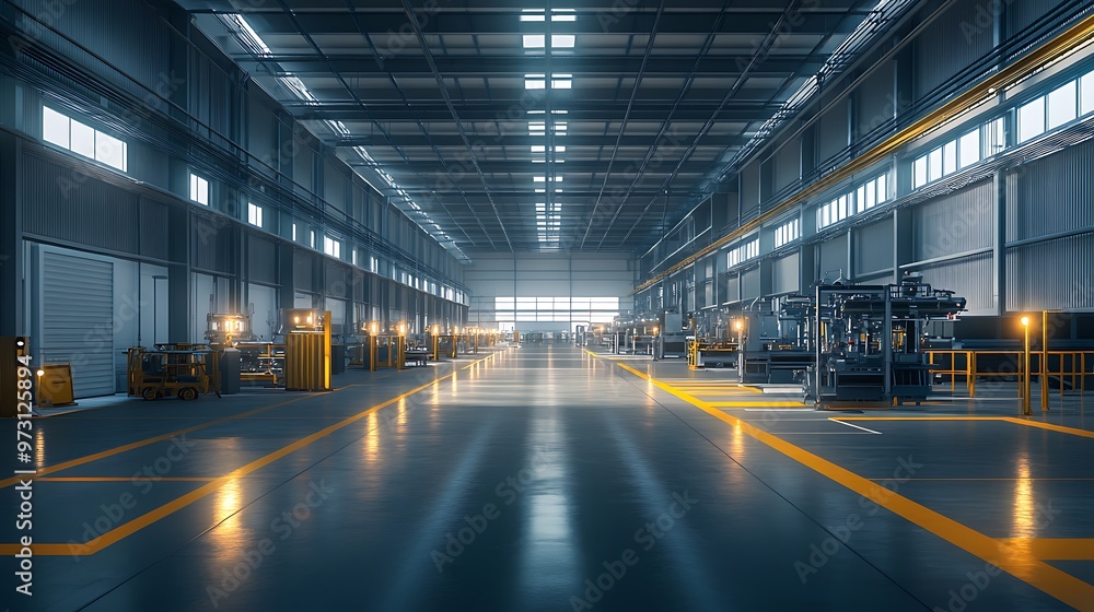 A factory interior featuring advanced production lines and safety signs, with excellent lighting and no dark areas, showing high clarity A factory interior featuring advanced production lines and safety signs, with excellent lighting and no dark areas, showing high clarity