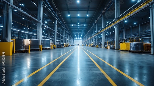 A factory interior featuring advanced production lines and safety signs, with excellent lighting and no dark areas, showing high clarity