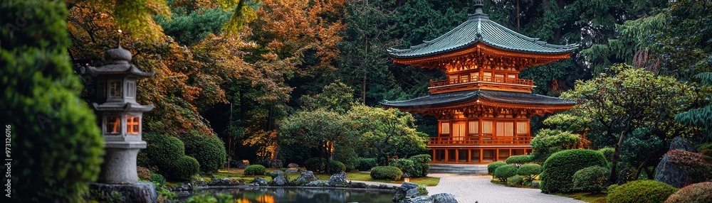 A Serene Pagoda Amidst a Lush Japanese Garden at Dusk Viewed Through a Stone Lanterns Frame A Serene Pagoda Amidst a Lush Japanese Garden at Dusk Viewed Through a Stone Lanterns Frame