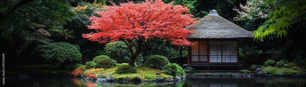 Naklejka premium Autumn Tranquility A Japanese Garden Pavilion Reflecting in a Serene Pond a vibrant maple tree stands tall amongst lush greenery