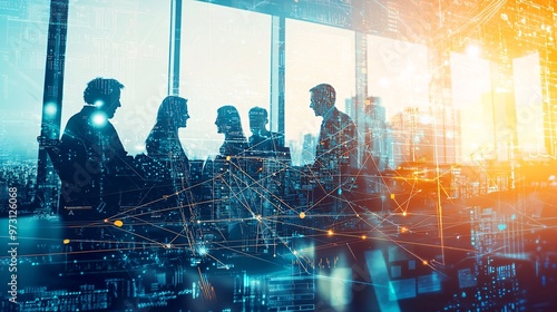 A sophisticated double exposure image depicting a group of business professionals working together in a modern office environment.