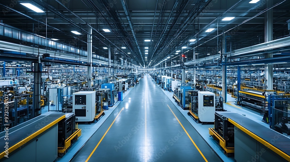 A spacious factory with standardized machinery and production lines, well-lit to ensure all areas are visible with sharp details A spacious factory with standardized machinery and production lines, well-lit to ensure all areas are visible with sharp details
