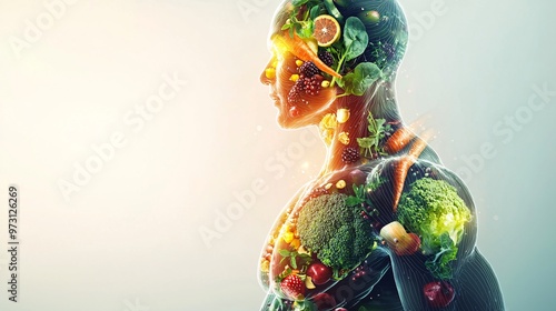 Vibrant image featuring a human body intertwined with various fresh fruits and vegetables, creating a harmonious and healthy display.