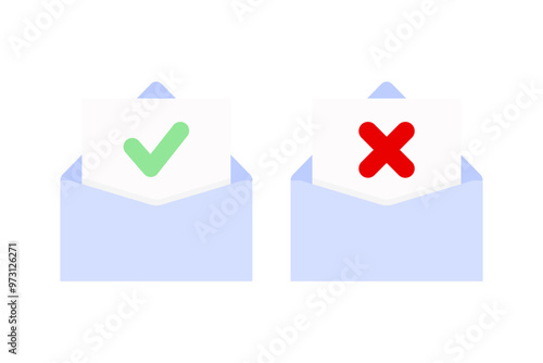 Set of tick check mark and cross mark letter icon. Approved and rejected envelope. Document, approval, verify, communication concepts. Flat vector design isolated illustration.