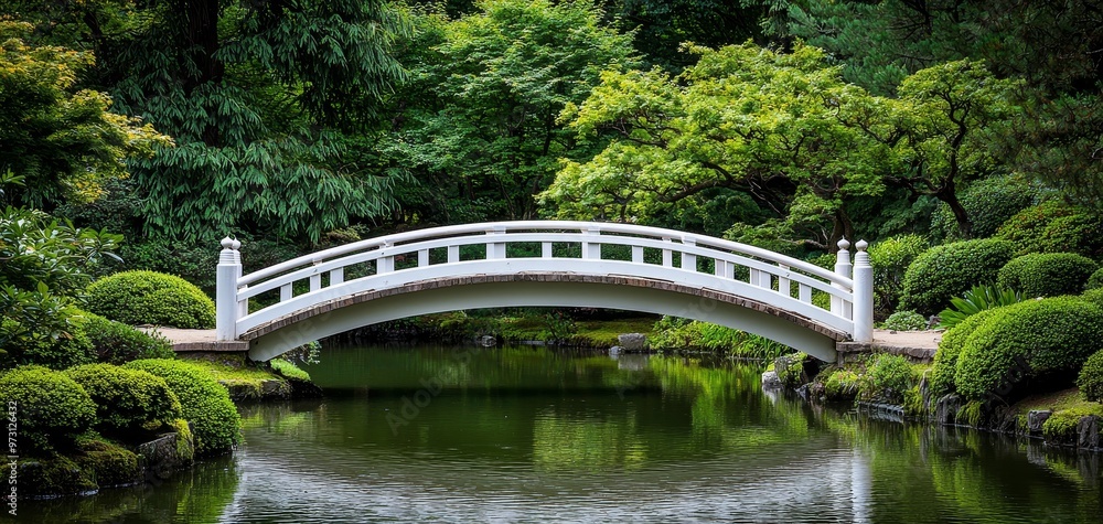 Tranquil Pond with White Bridge Low Angle Lush Greenery Peaceful Serenity Tranquil Pond with White Bridge Low Angle Lush Greenery Peaceful Serenity