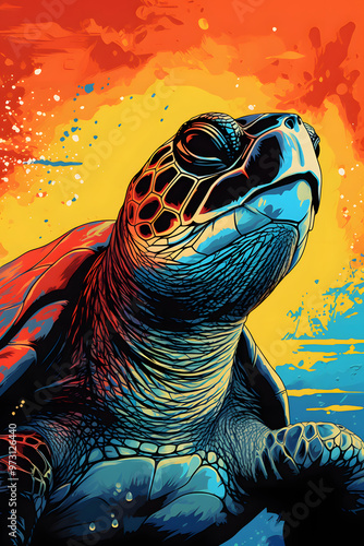 vintage pop art style turtle illustration, turtle pop art style illustration photo