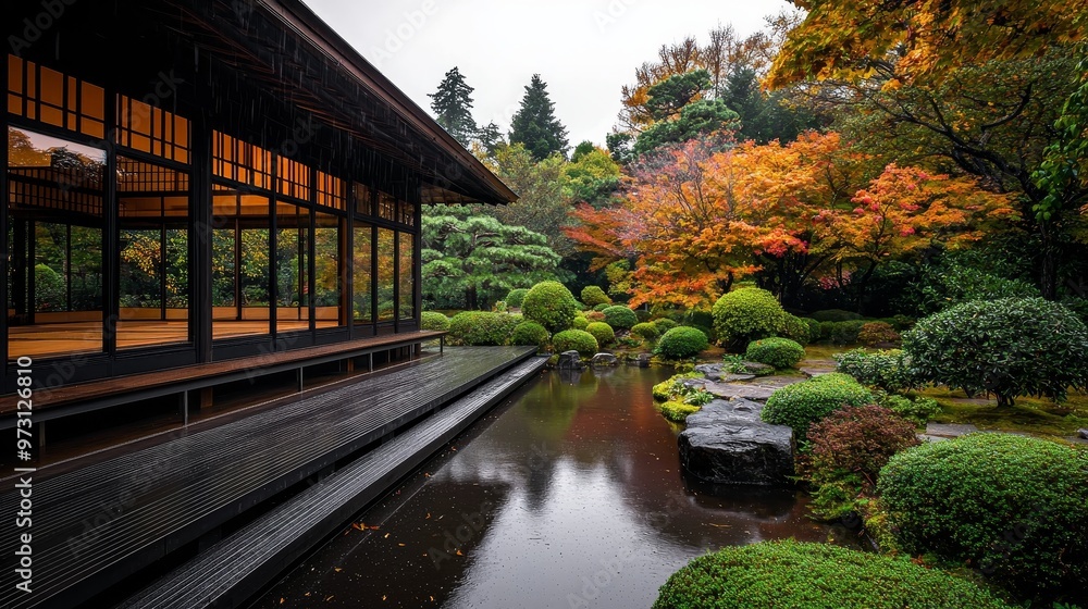 Fototapeta premium Autumn Reflections A Traditional Japanese Garden with a Wooden Pavilion overlooking a Pond and Lush Greenery