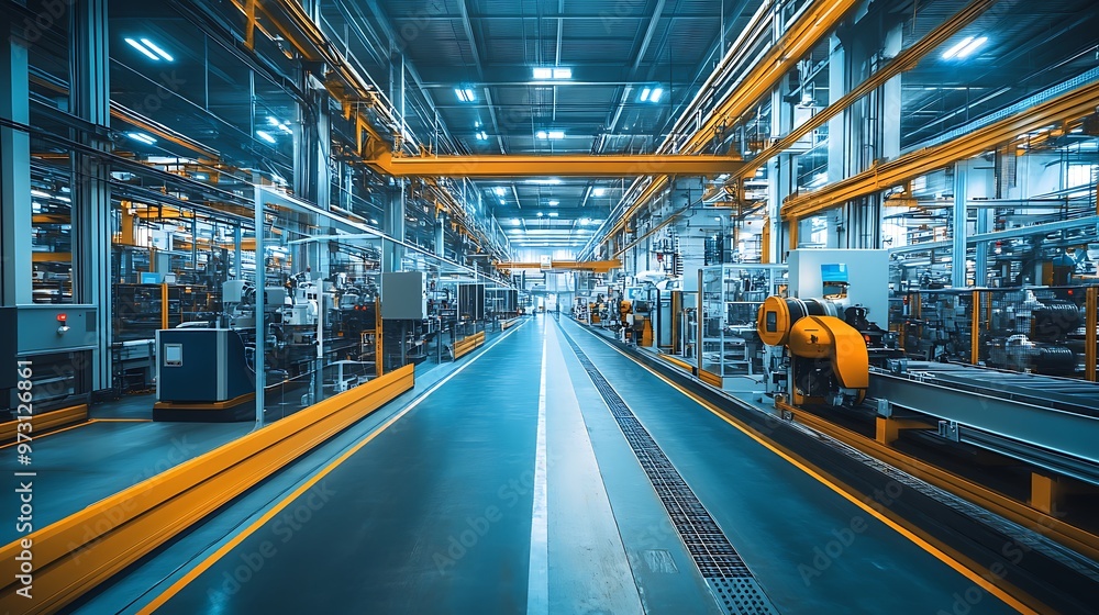 Well-organized factory interior showcasing automated machinery and safety zones, all brightly lit with sharp, clear details throughout the space Well-organized factory interior showcasing automated machinery and safety zones, all brightly lit with sharp, clear details throughout the space