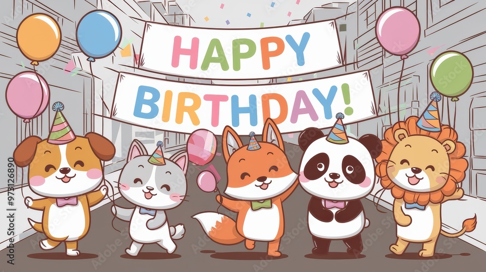 Fototapeta premium Cheerful Cartoon Animals Celebrating a Happy Birthday Party