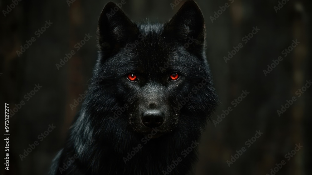 Black wolf, red eyes. Striking portrait of a black wolf with intense red eyes, against a dark forest background. Black wolf, red eyes. Striking portrait of a black wolf with intense red eyes, against a dark forest background.