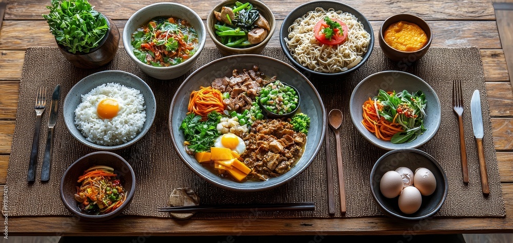 A Rustic Table Setting with a Bowl of Braised Meat and Vegetables Surrounded by Side Dishes and a Place Setting for One A Rustic Table Setting with a Bowl of Braised Meat and Vegetables Surrounded by Side Dishes and a Place Setting for One