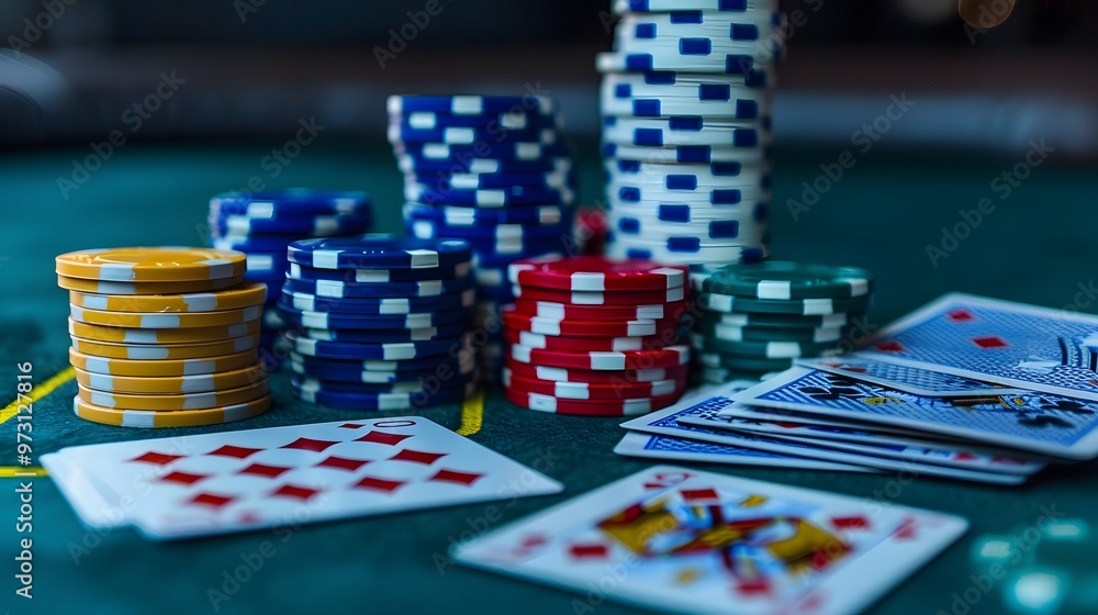 Cards and Chips: A poker scene with playing cards and a stack of colorful poker chips on a green felt table.
Cards and Chips: A poker scene with playing cards and a stack of colorful poker chips on a green felt table.
