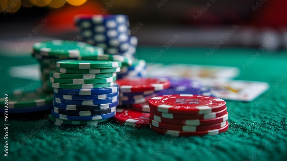 Cards and Chips: A poker scene with playing cards and a stack of colorful poker chips on a green felt table.
Cards and Chips: A poker scene with playing cards and a stack of colorful poker chips on a green felt table.