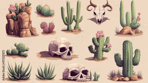 Collection of wild west elements. Includes cactus, skull, desert landscape, western animals, symbols, suitable for logo design. Editable modern illustration. photo