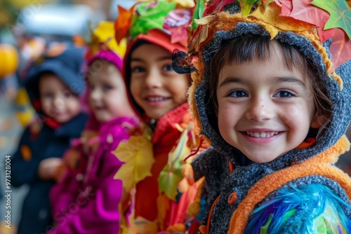 Smiling Child in Autumn-Themed Costume with Friends