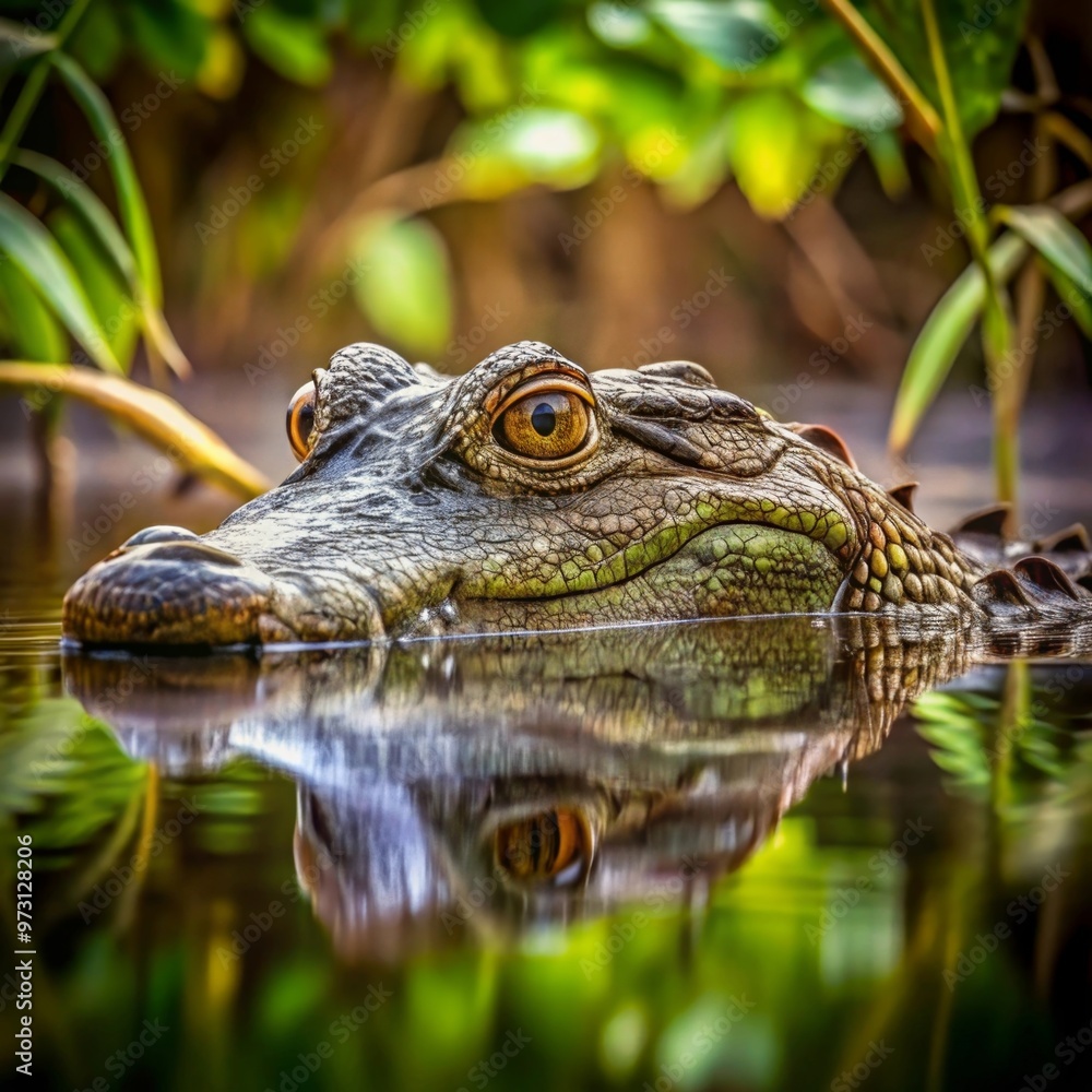 Fototapeta premium Crocodile Lurking in a Swamp A crocodile partially submerged in murky swamp water, only its eyes and snout visible as it silently waits for prey.