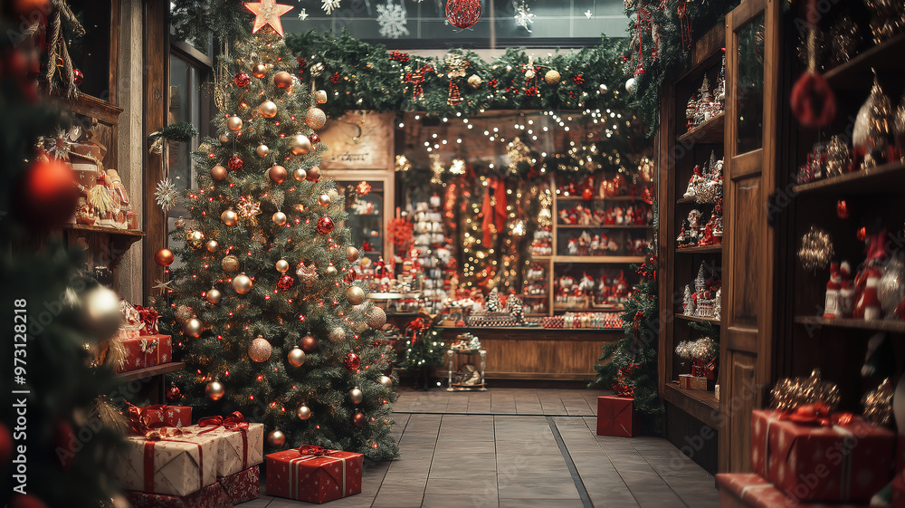 Festive holiday display adorned with a beautifully decorated Christmas tree in a cozy store Festive holiday display adorned with a beautifully decorated Christmas tree in a cozy store