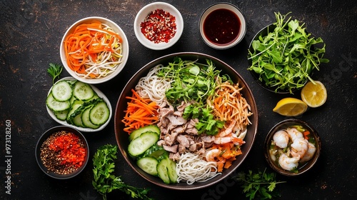 Overhead View of a Vibrant Vietnamese Noodle Bowl with Fresh Ingredients and Sauces on a Dark Background