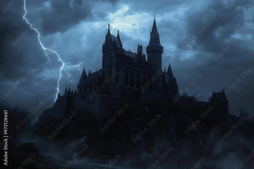 A Silhouetted Gothic Castle Under a Stormy Sky A Silhouetted Gothic Castle Under a Stormy Sky