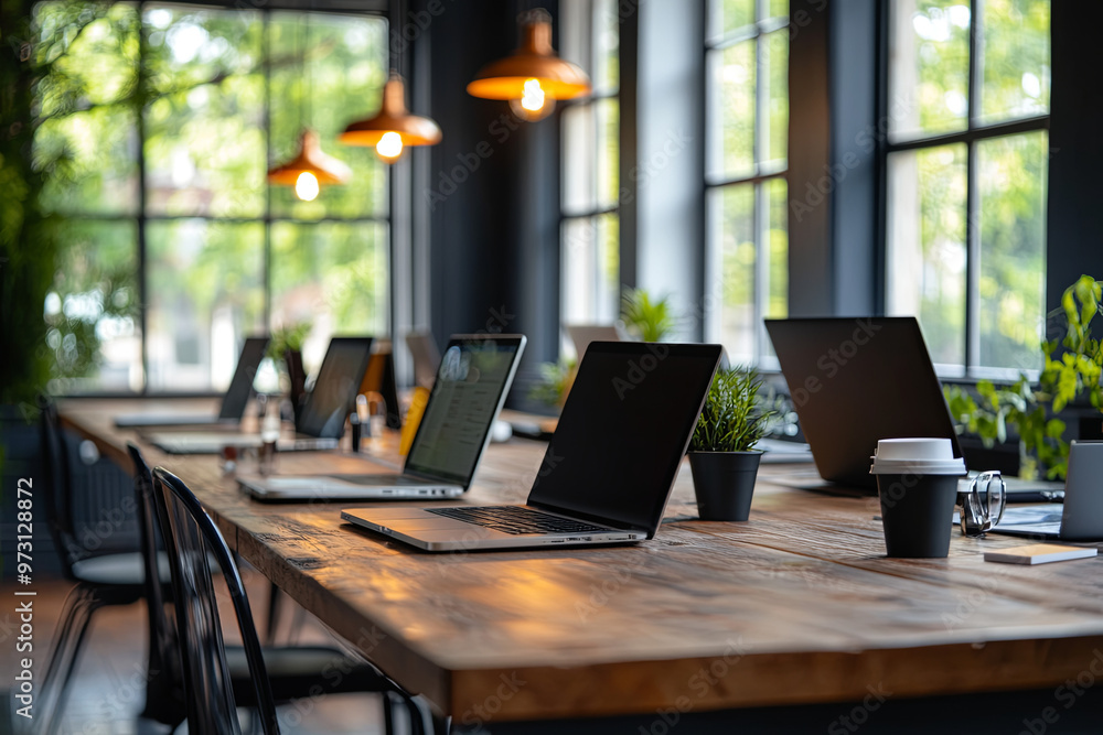 Collaborative workspace with a large table and multiple laptops Collaborative workspace with a large table and multiple laptops