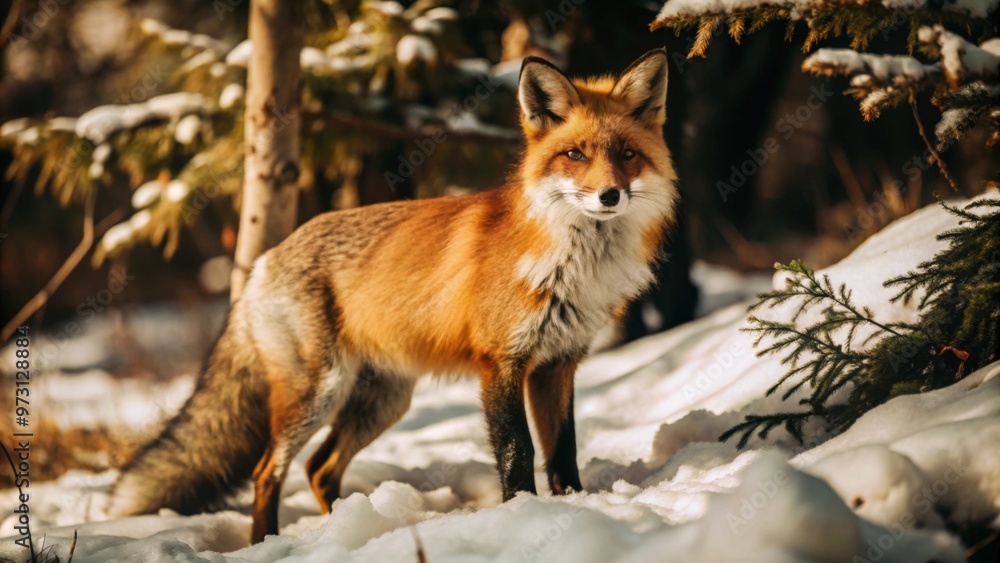 Fototapeta premium Fox in a Winter Landscape A fox standing alert in a snowy landscape, surrounded by white snow and barren trees, symbolizing adaptability and survival.