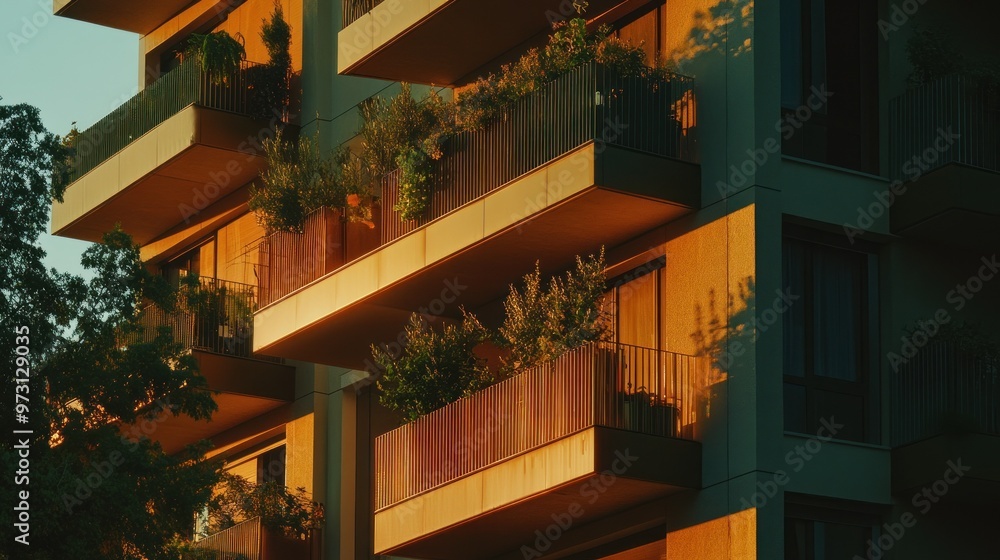 Fototapeta premium A modern building with balconies adorned with plants, illuminated by warm sunlight.