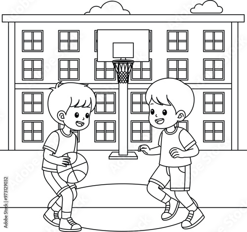 Students playing basketball on the school court during gym class outline coloring page