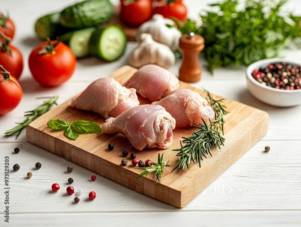 Fresh Chicken Thighs on a Cutting Board with Herbs and Spices Rustic White Background TopDown Perspective Fresh Chicken Thighs on a Cutting Board with Herbs and Spices Rustic White Background TopDown Perspective