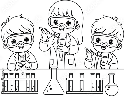 Science lab with kids wearing goggles and conducting a fun experiment with bubbling test tubes outline coloring page