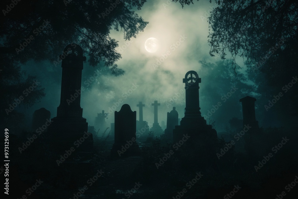 A Graveyard Under a Full Moon, Silhouetted by Fog and Trees A Graveyard Under a Full Moon, Silhouetted by Fog and Trees
