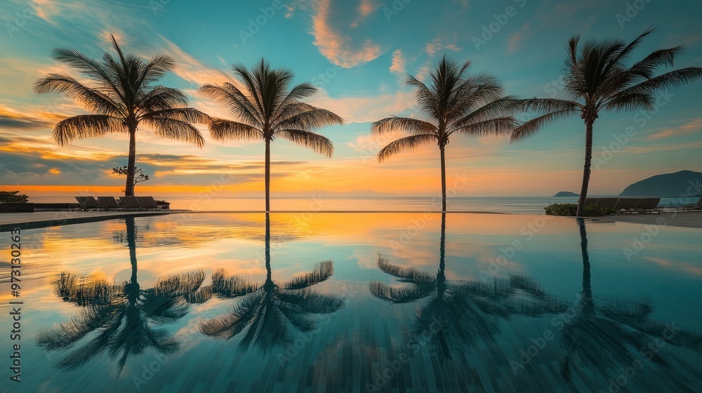 Serene sunset over a tranquil pool with palm trees reflecting in the water. Serene sunset over a tranquil pool with palm trees reflecting in the water.