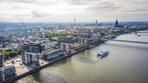 Aerial view of the Rhein River, with the Cologne Cathedral in the background, Germany