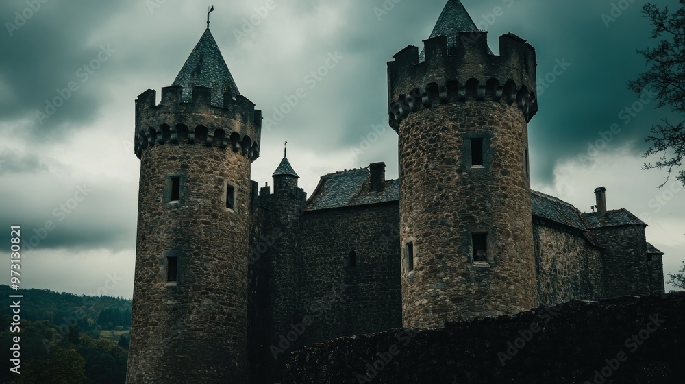 A medieval stone castle with towers under a moody sky. A medieval stone castle with towers under a moody sky.