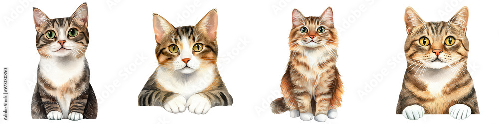 A collection of four adorable tabby cats with unique expressions, perfect for animal lovers and pet-themed projects. A collection of four adorable tabby cats with unique expressions, perfect for animal lovers and pet-themed projects.