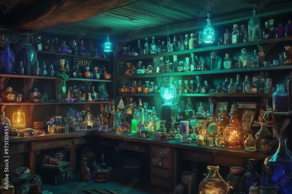 A dimly lit, wooden room filled with shelves of glass bottles, jars, and other mysterious items A dimly lit, wooden room filled with shelves of glass bottles, jars, and other mysterious items