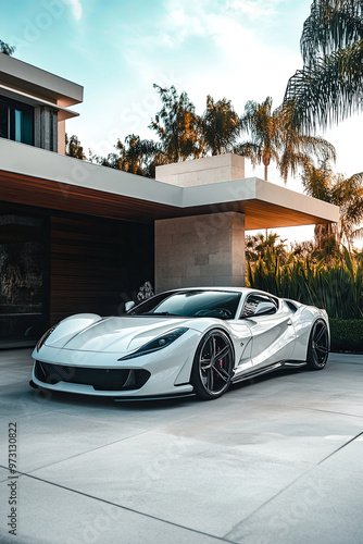 High-end sports car with sleek lines parked in front of a modern mansion