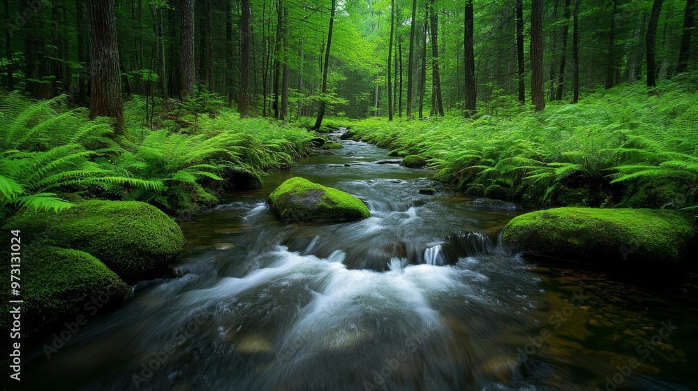 Tranquil Forest Stream with Clear Water Flowing Over Moss-Covered Rocks Tranquil Forest Stream with Clear Water Flowing Over Moss-Covered Rocks