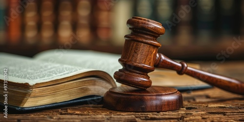 Gavel and Open Book on Wooden Table