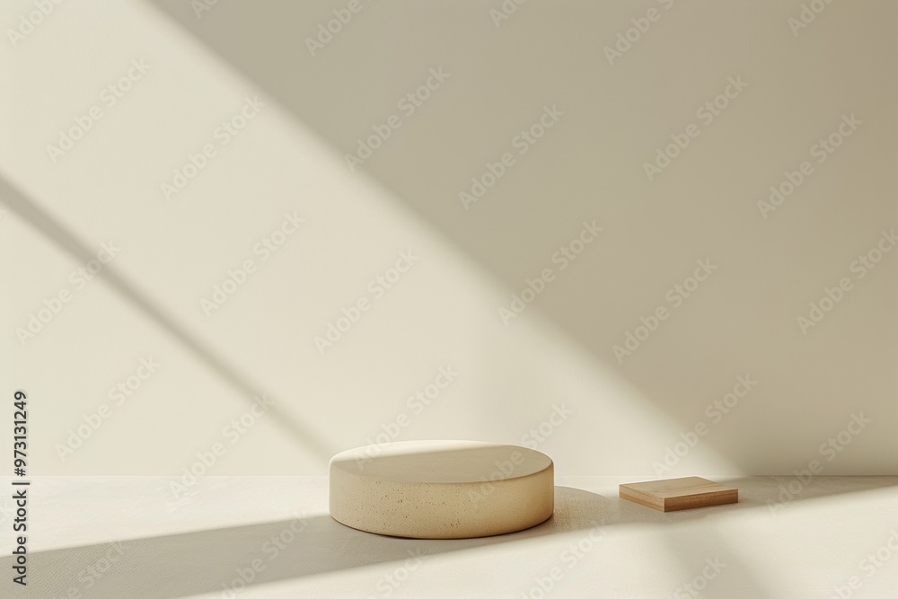 Minimalist Beige Podium on Soft White Background with Sleek Shadows and Diffused Natural Lighting Minimalist Beige Podium on Soft White Background with Sleek Shadows and Diffused Natural Lighting