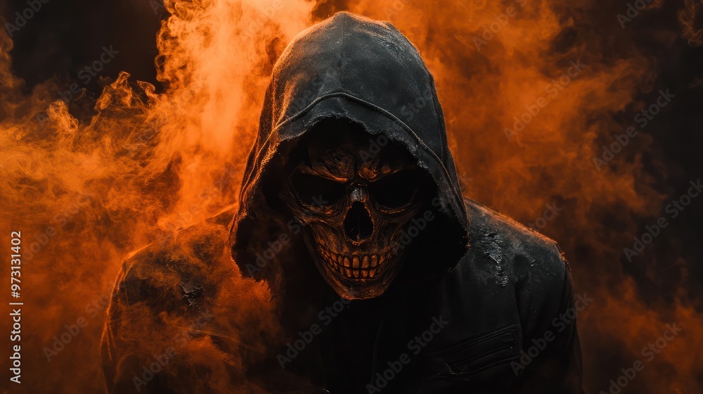 Mysterious hooded figure with a skull face surrounded by orange smoke on a dark background, concept of horror and fantasy. Mysterious hooded figure with a skull face surrounded by orange smoke on a dark background, concept of horror and fantasy.