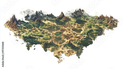 Fototapeta Naklejka Na Ścianę i Meble -  A detailed fantasy world map illustration featuring diverse landscapes, including mountains, forests, and deserts, perfect for game design.