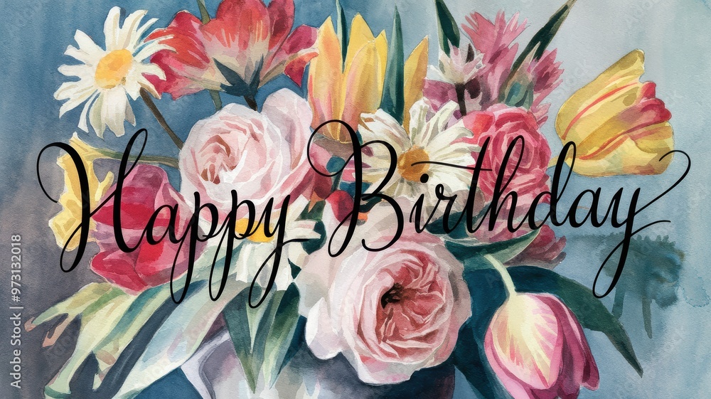 Obraz premium Elegant Floral Birthday Card with Roses and Tulips Design