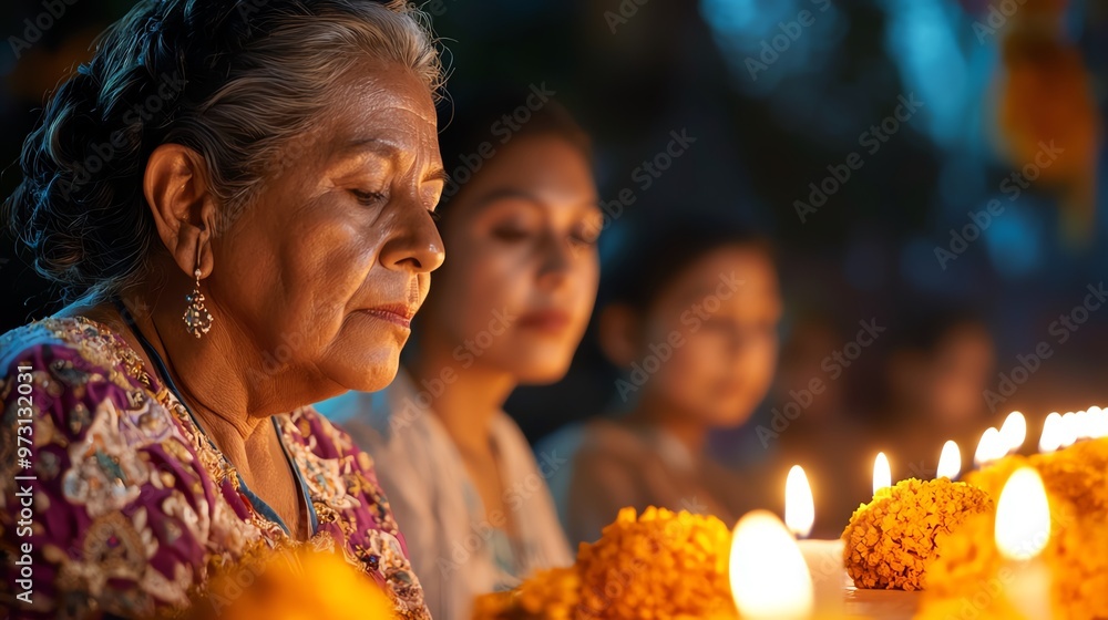 A serene moment of women praying with candles and flowers, capturing the essence of spirituality and cultural tradition. A serene moment of women praying with candles and flowers, capturing the essence of spirituality and cultural tradition.