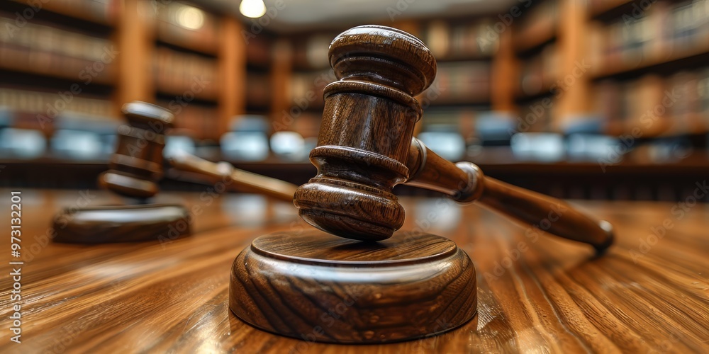 Gavel on a Wooden Table in a Courtroom Gavel on a Wooden Table in a Courtroom